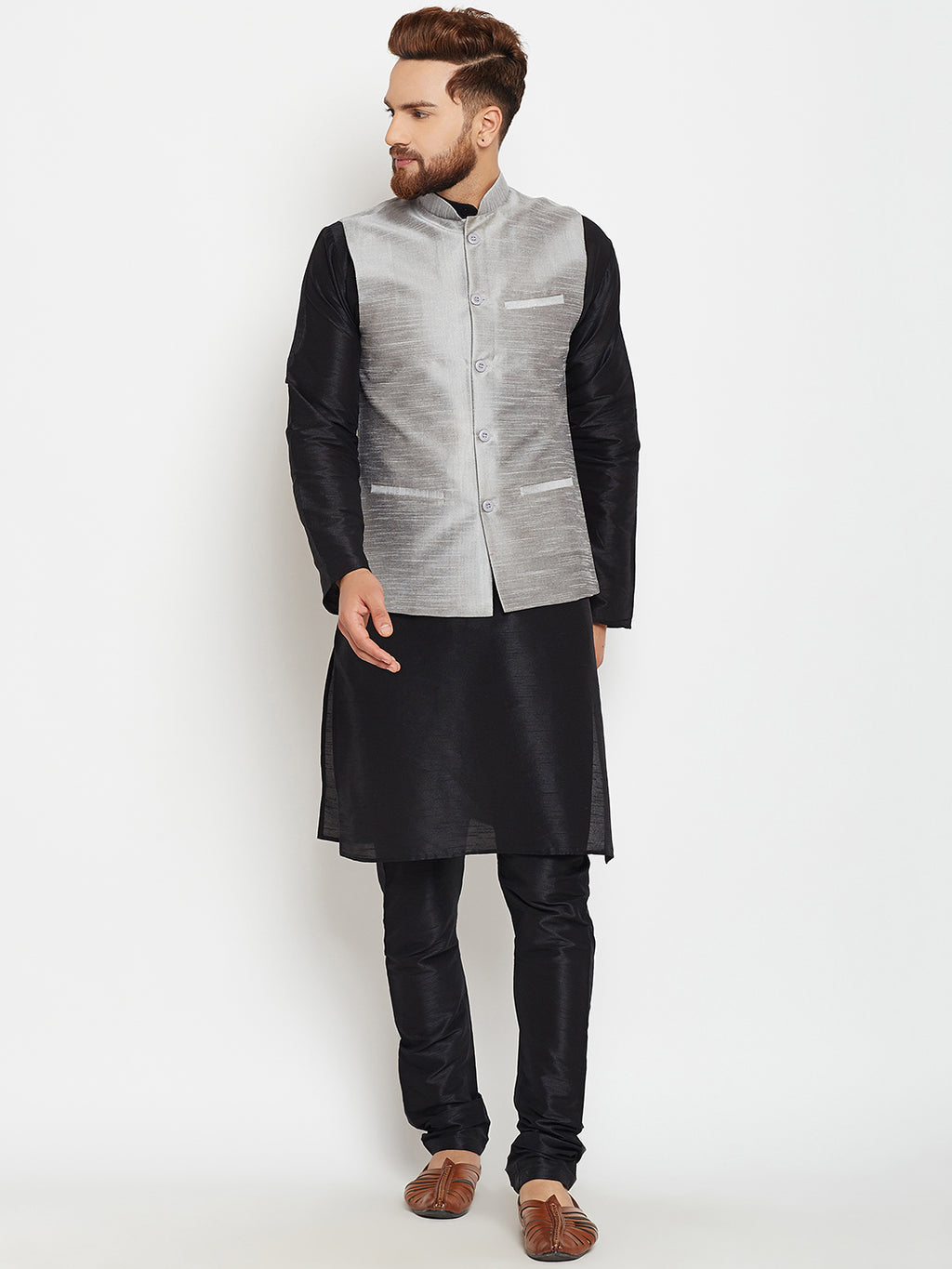 Men Black Self Design Kurta Pajama with Grey Nehru Jacket