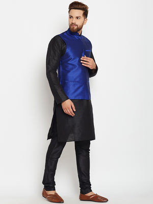 Men Black Self Design Kurta Pajama with Blue Nehru Jacket