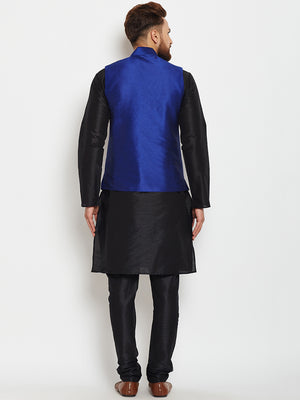 Men Black Self Design Kurta Pajama with Blue Nehru Jacket