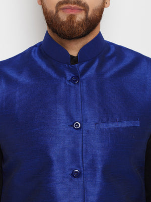 Men Black Self Design Kurta Pajama with Blue Nehru Jacket