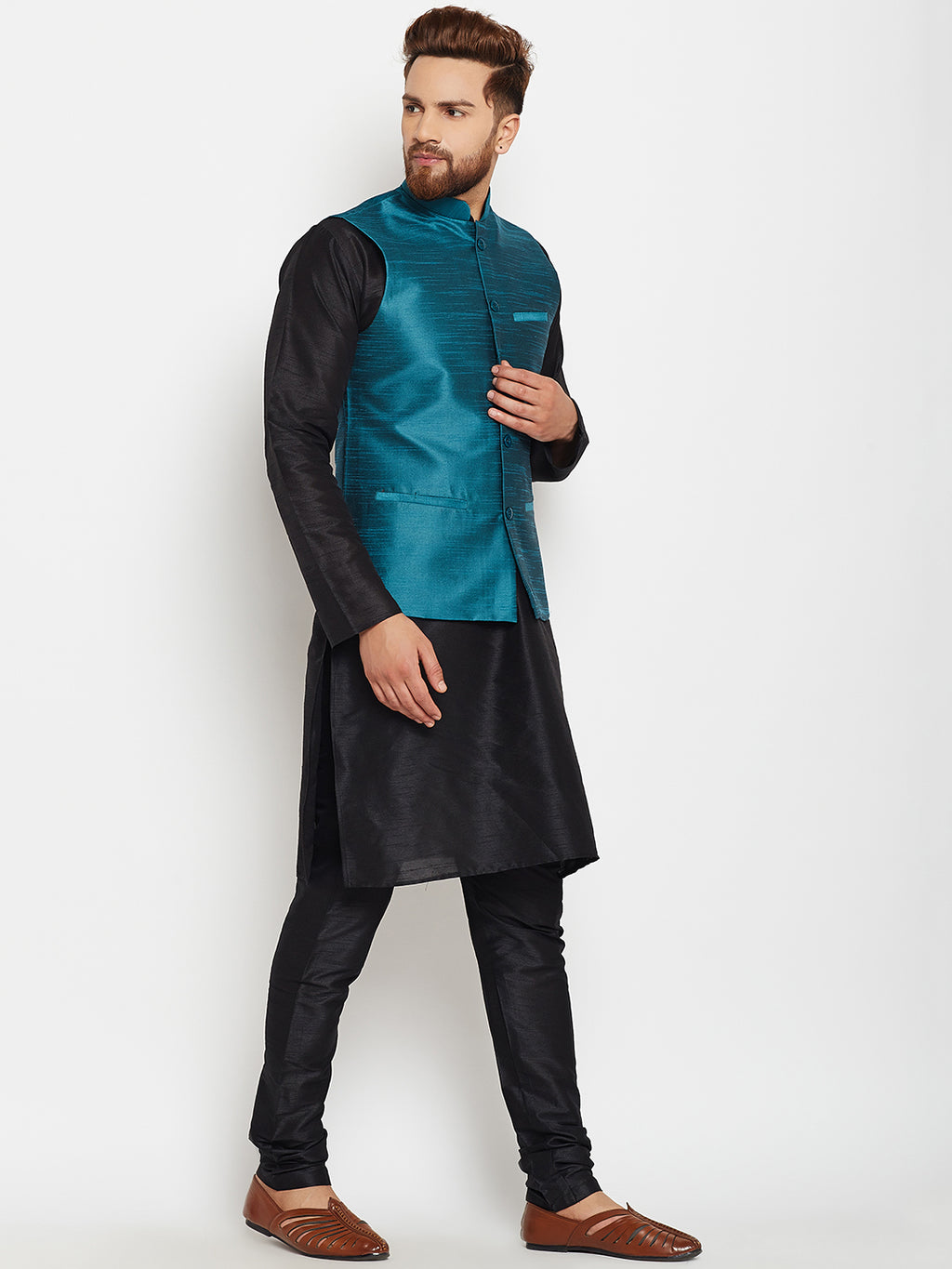 Men Black Solid Kurta with Churidar and Teal Nehru Jacket