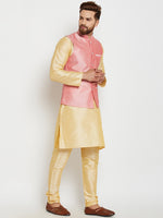 Men Gold-Toned Solid Kurta with Churidar and Pink Nehru Jacket