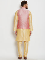 Men Gold-Toned Solid Kurta with Churidar and Pink Nehru Jacket