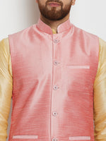 Men Gold-Toned Solid Kurta with Churidar and Pink Nehru Jacket