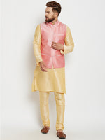 Men Gold-Toned Solid Kurta with Churidar and Pink Nehru Jacket