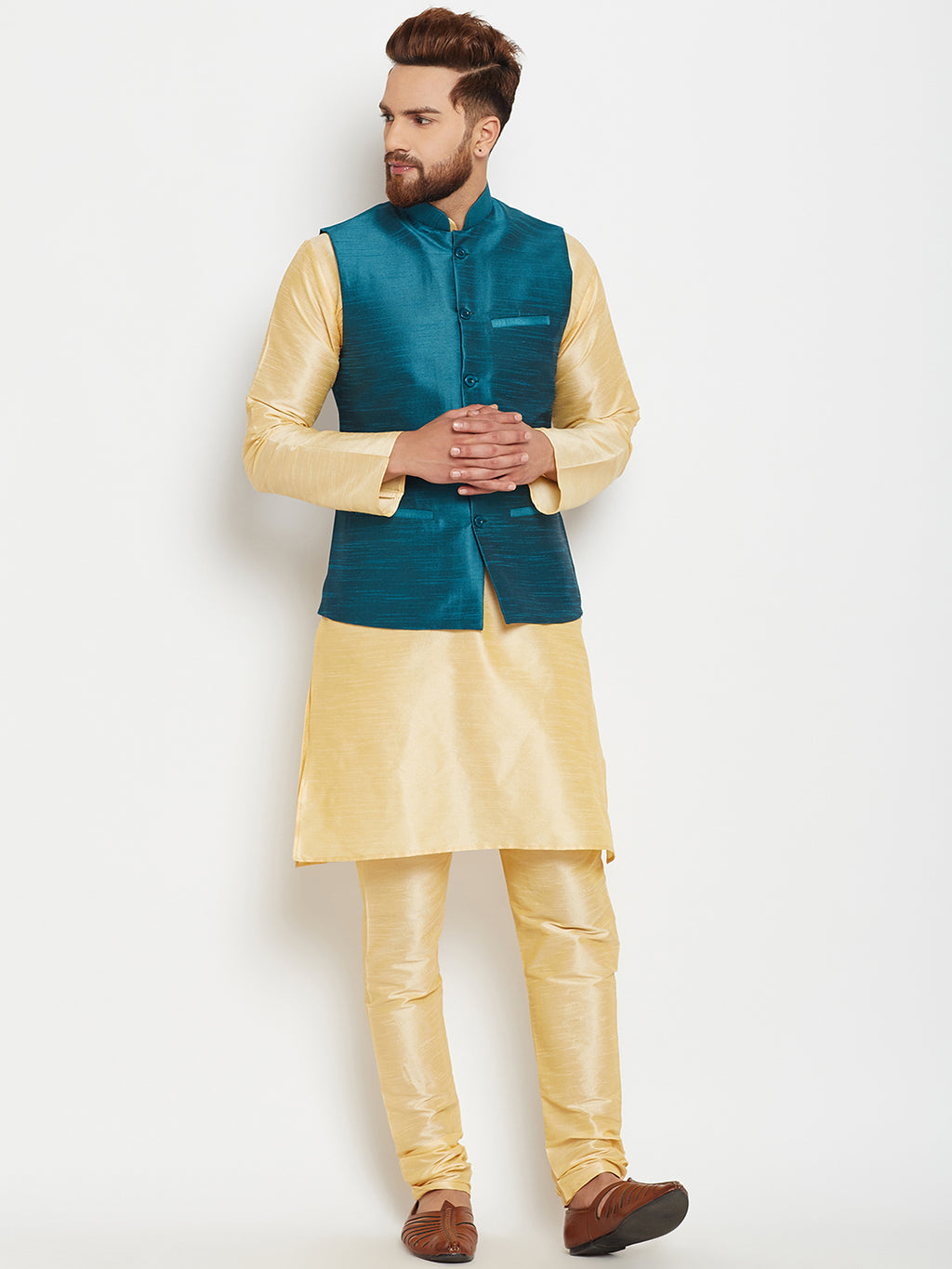 Men Gold-Toned Solid Kurta with Churidar and Blue Nehru Jacket