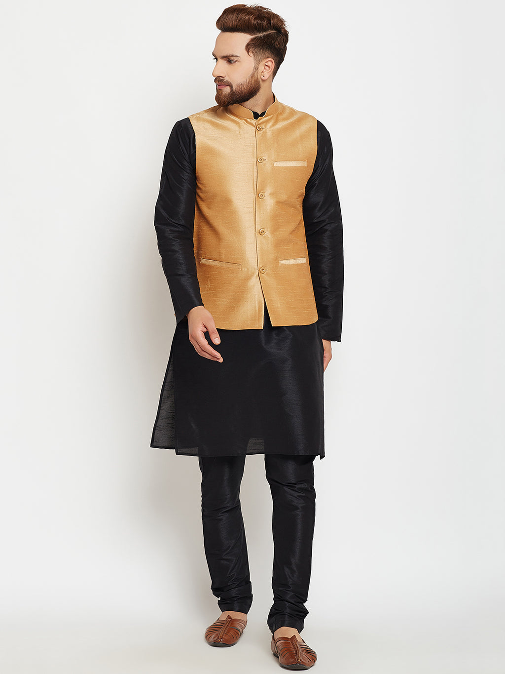 Men Black Solid Kurta with Churidar and Gold Nehru Jacket