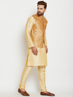 Men Gold-Toned Solid Kurta with Churidar with Gold Nehru Jacket