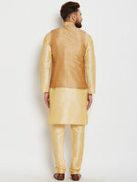 Men Gold-Toned Solid Kurta with Churidar with Gold Nehru Jacket