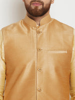 Men Gold-Toned Solid Kurta with Churidar with Gold Nehru Jacket