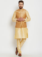 Men Gold-Toned Solid Kurta with Churidar with Gold Nehru Jacket