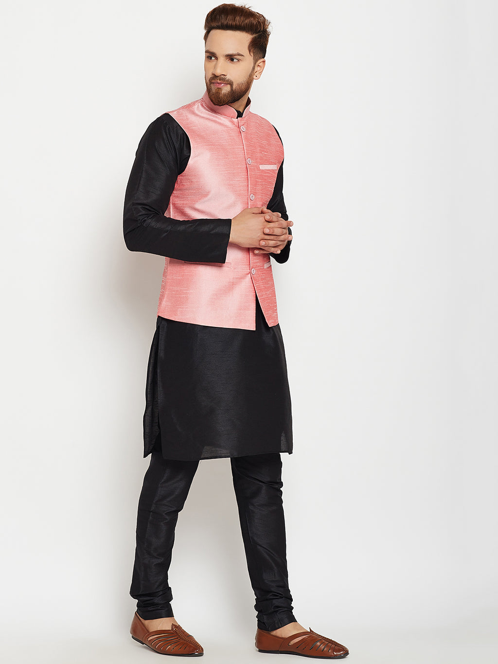 Men Black Self Design Kurta with Churidar and Pink Nehru Jacket