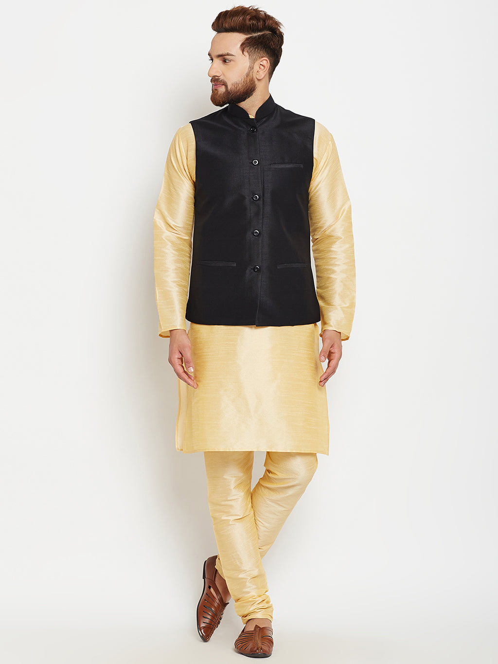 Men Gold-Toned Self Design Kurta Pajama with Black Nehru Jacket