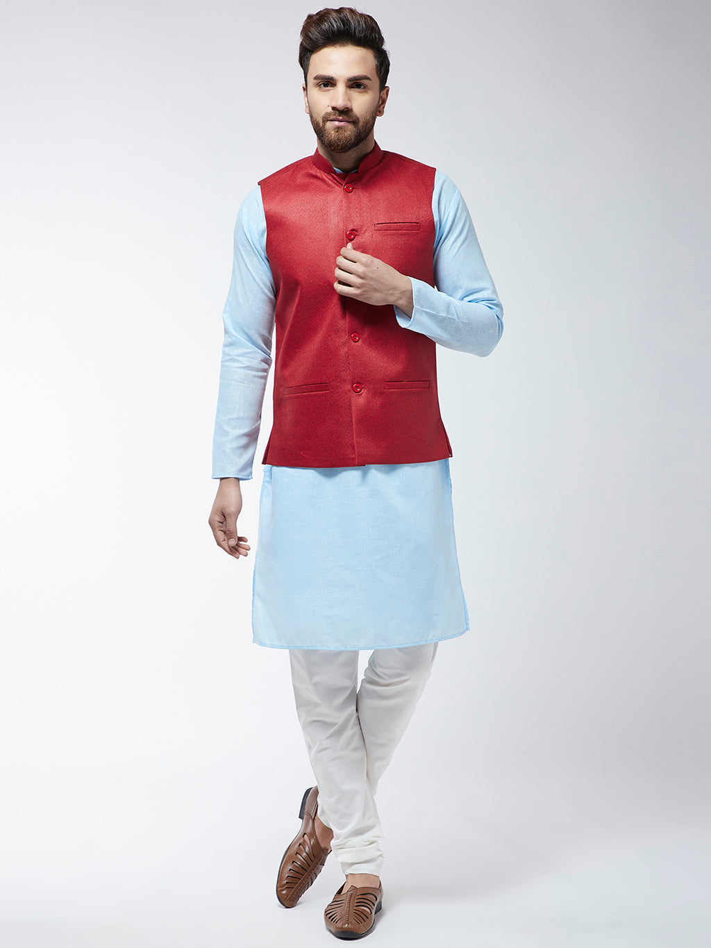 Men Turquoise Blue Kurta with Churidar and Red Nehru Jacket