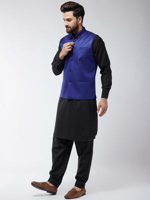 Men Black & Blue Solid Kurta with Salwar and Nehru Jacket