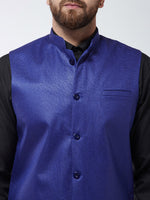 Men Black & Blue Solid Kurta with Salwar and Nehru Jacket