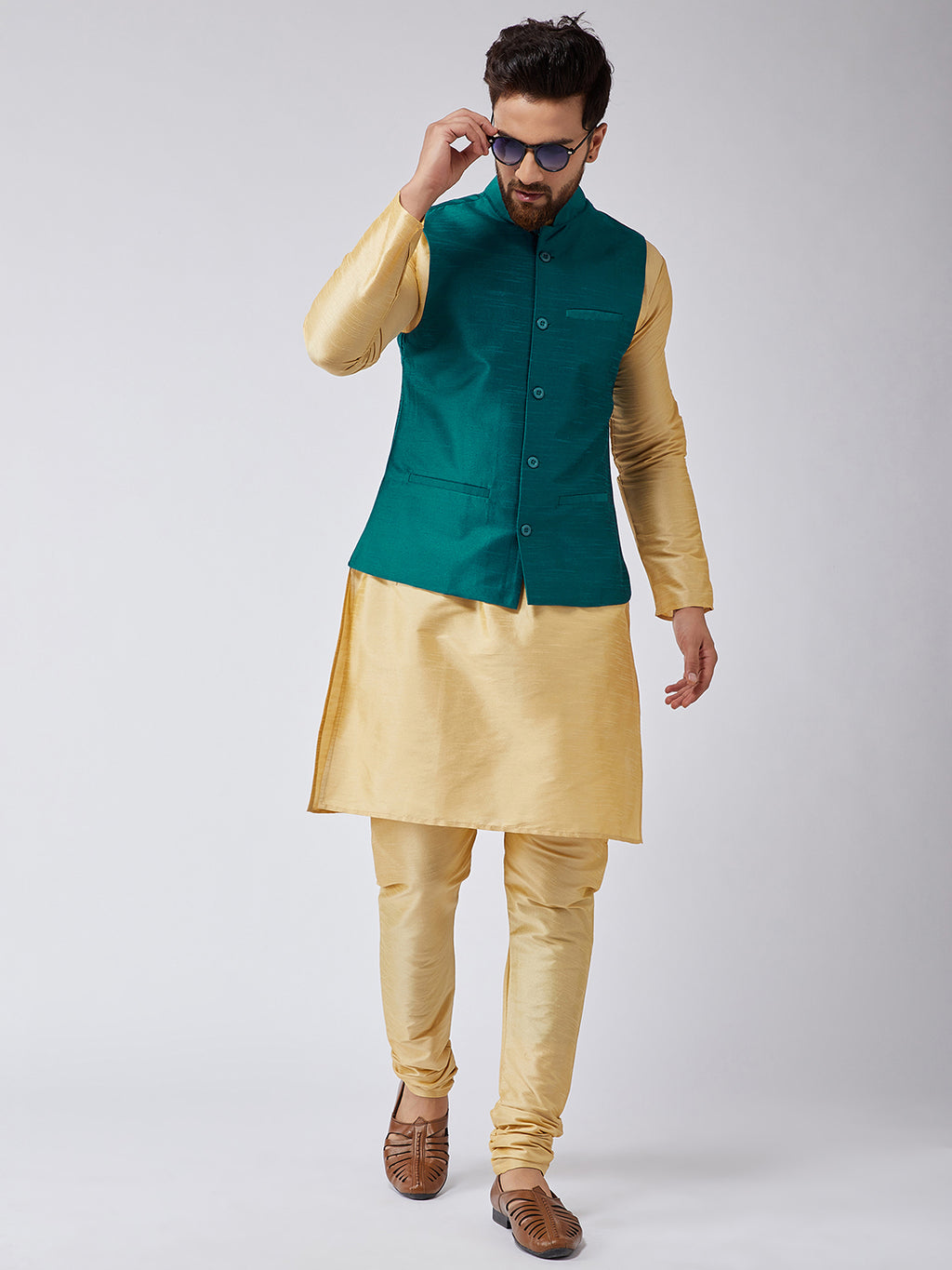 Men Gold-Toned Solid Kurta with Churidar and Teal Nehru Jacket