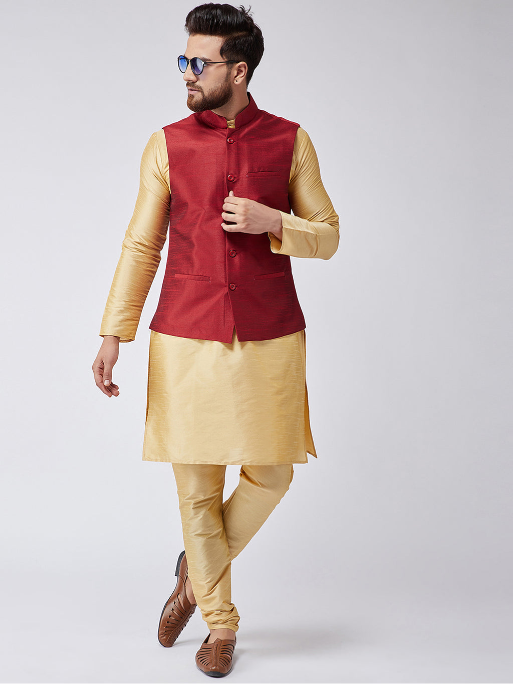 Men Gold-Toned Solid Kurta with Churidar & Maroon Nehru jacket