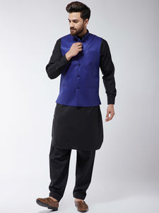 Men Black & Blue Solid Kurta with Salwar and Nehru Jacket