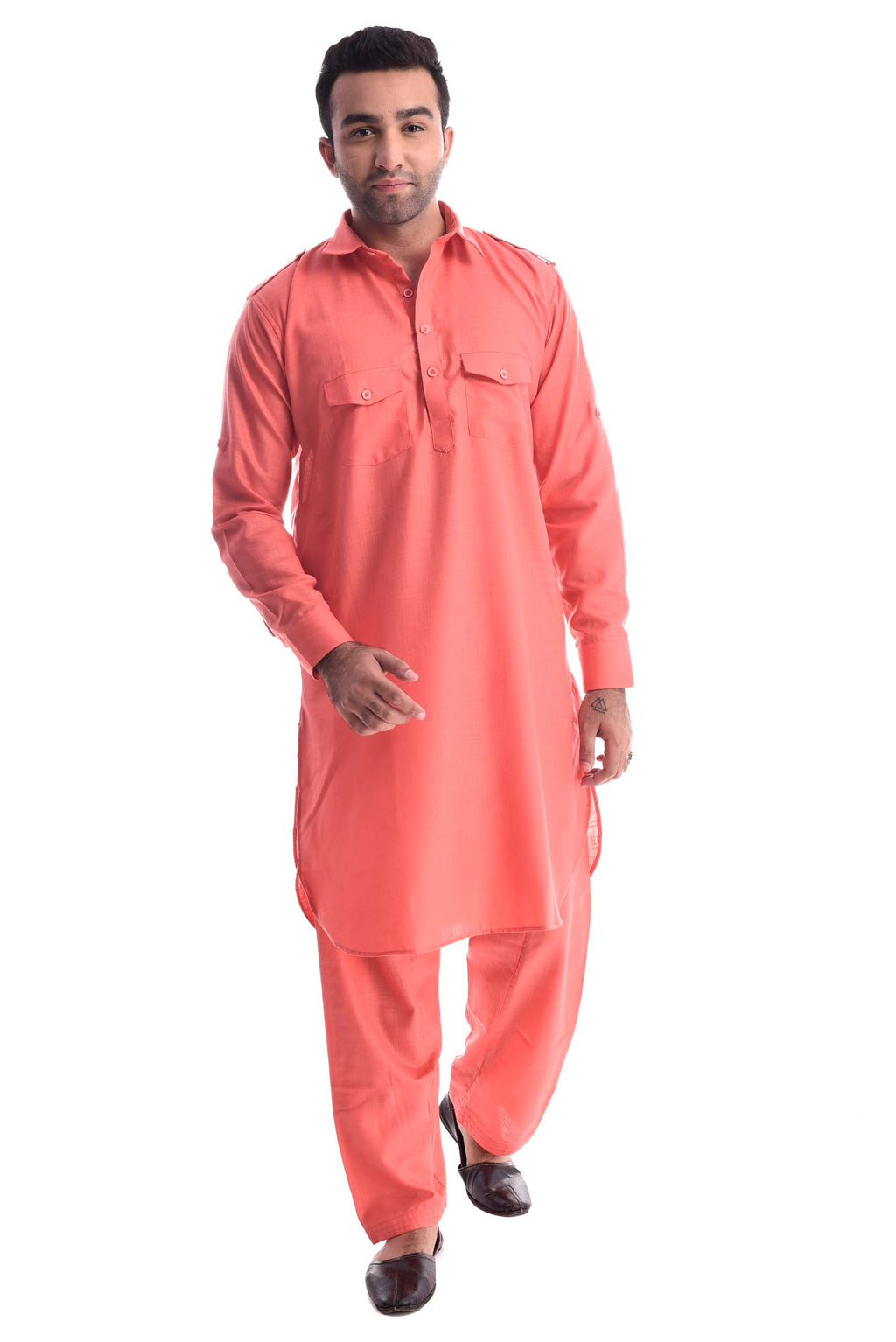 Carrot Sorbet Pathani Suit Kurta Set