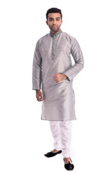 Silver Kadhai Neck Strip Kurta Set