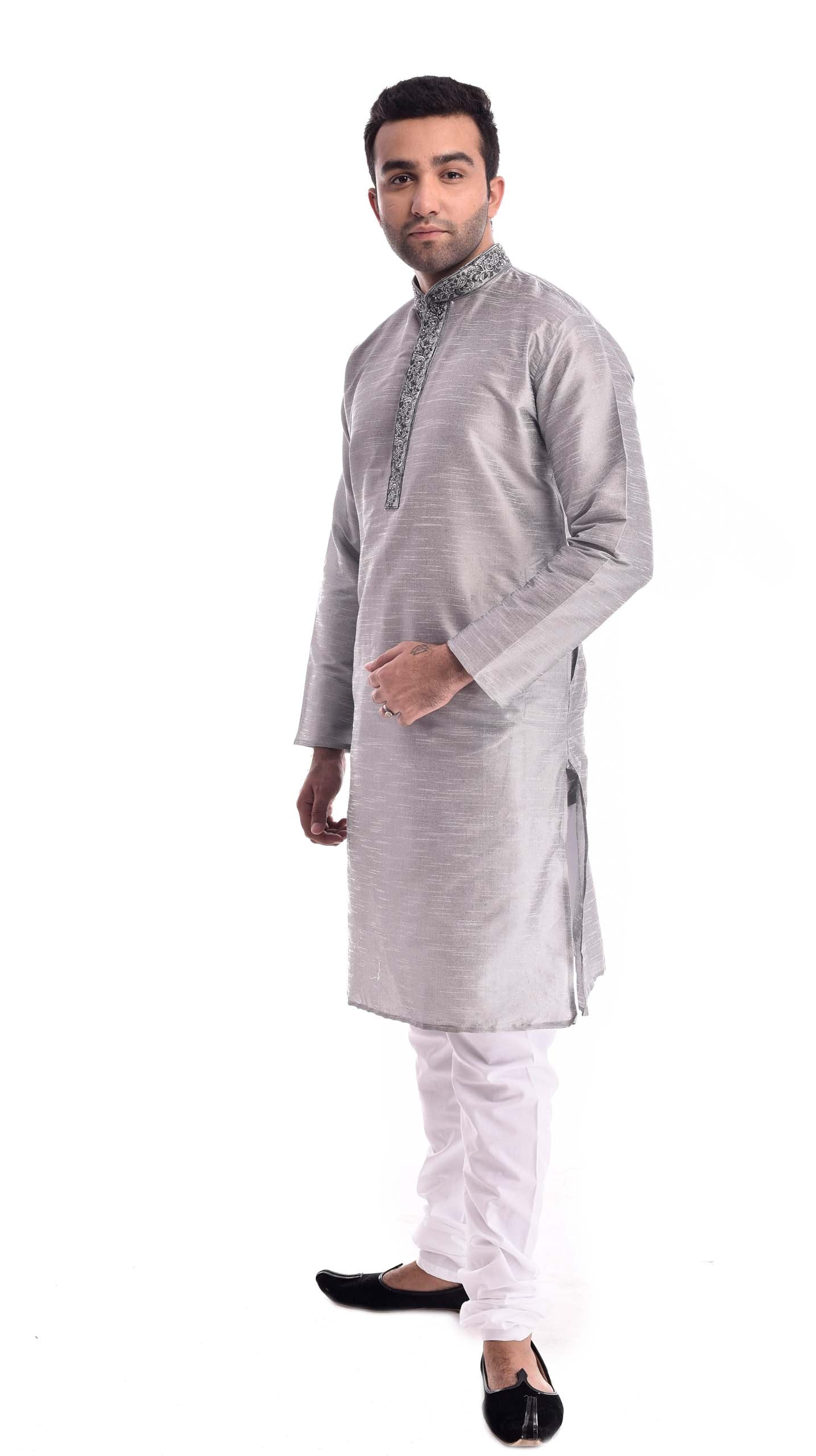 Silver Kadhai Neck Strip Kurta Set