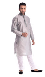 Silver Kadhai Neck Strip Kurta Set