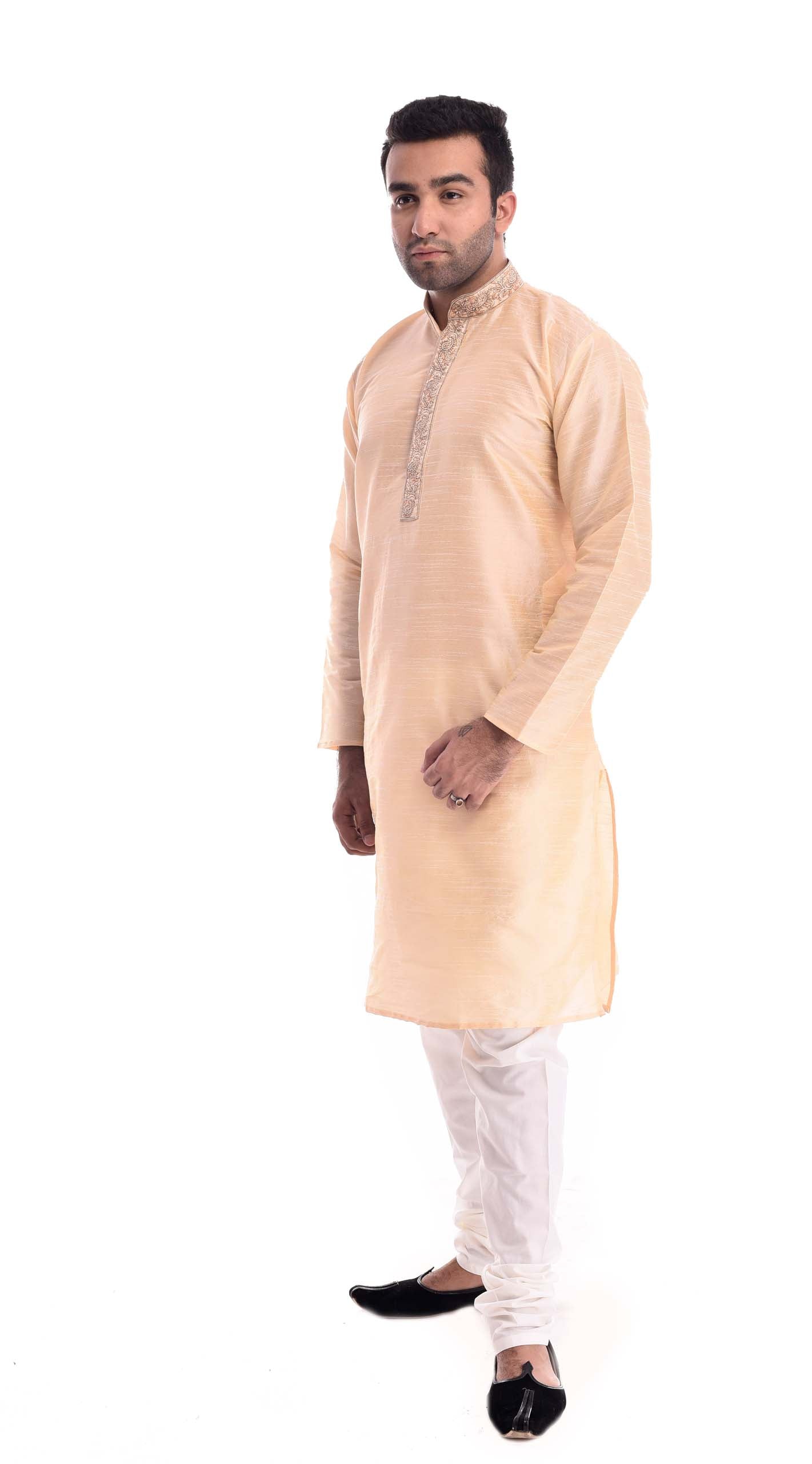 Gold Kadhai Neck Strip Kurta Set