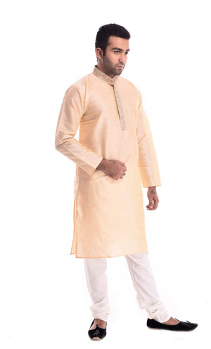 Gold Kadhai Neck Strip Kurta Set