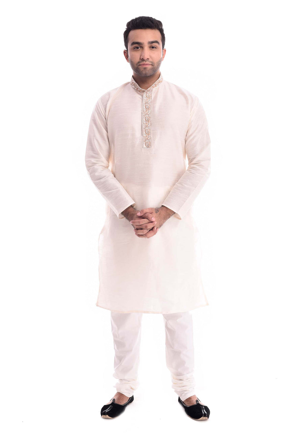 Cream Zardozi Neck Strip Kurta Set