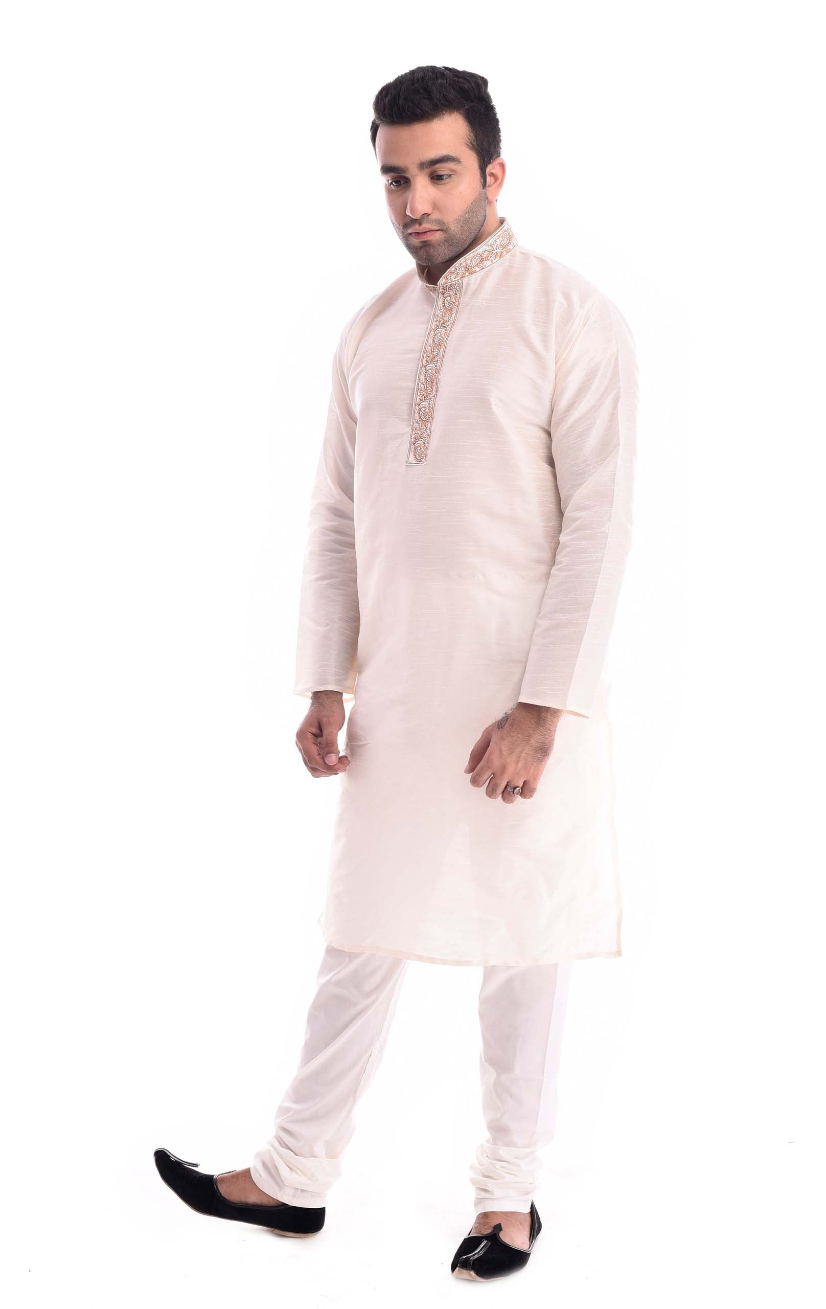 Cream Zardozi Neck Strip Kurta Set