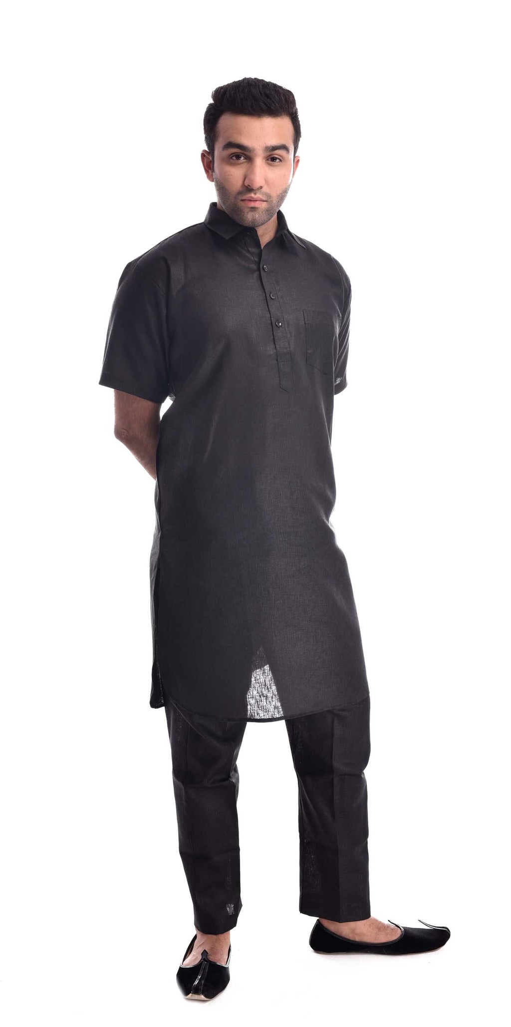 Half Sleeves All Black Pathani Suit