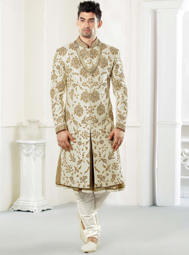 Cream Truffle Groom Raw Silk Sherwani