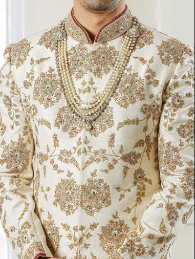 Cream Truffle Groom Raw Silk Sherwani