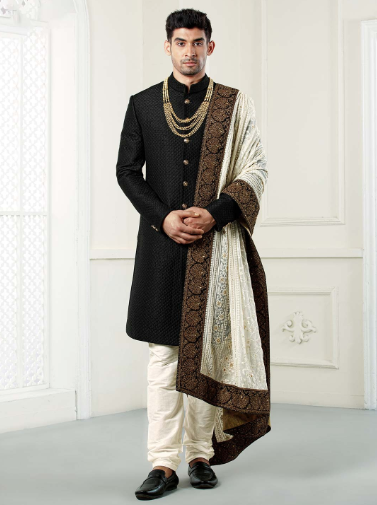 Black Knight Quilted Groom Sherwani