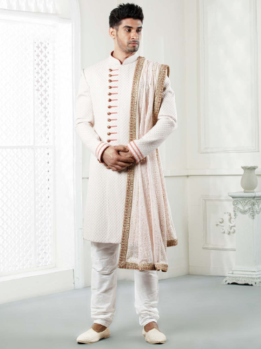 White Hues Terry Rayon Groom Sherwani