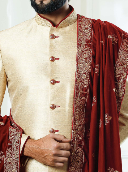 Raw Silk Cream Hue Groom's Wedding Sherwani
