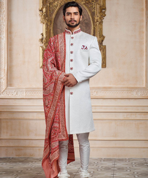 Textured White Sherwani with Red Shawl Dupatta