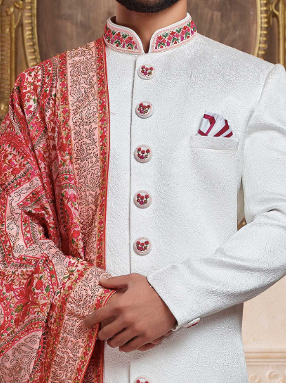 Textured White Sherwani with Red Shawl Dupatta