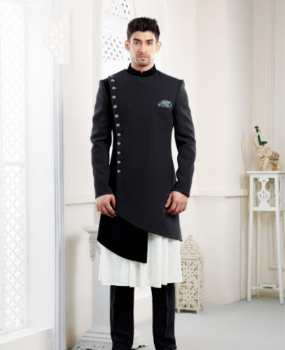 Solid Black Double Layer Asymmetrical Indo-Western Suit