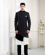Solid Black Double Layer Asymmetrical Indo-Western Suit