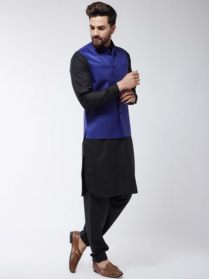 Men Black & Blue Solid Kurta with Salwar and Nehru Jacket